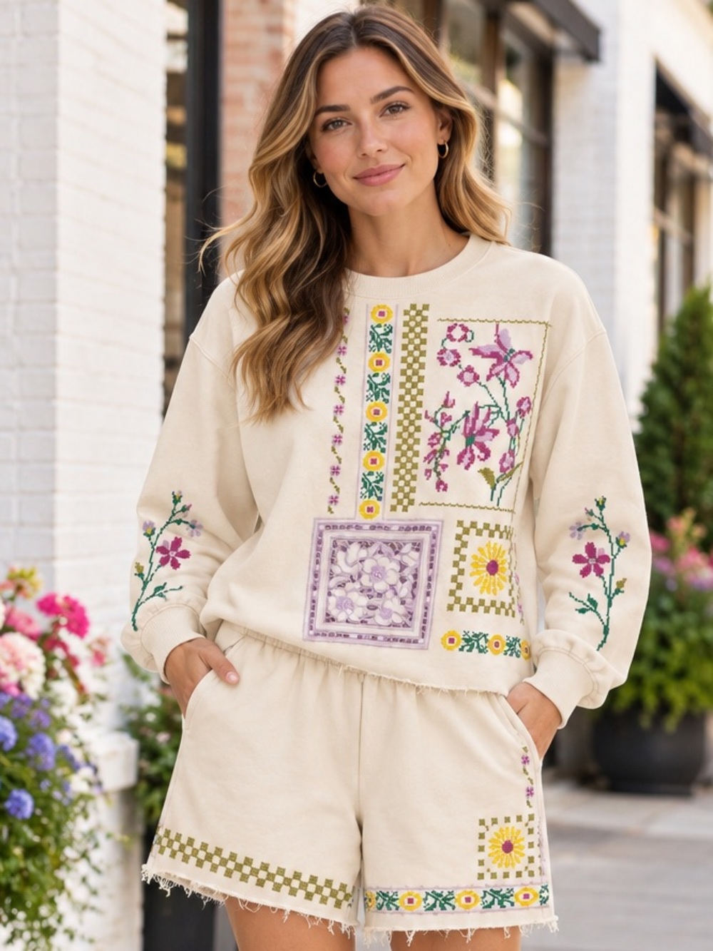 NEW Blue b Cream Multicolor Embroidered Needlepoint Lounge Sweatshirt Top Shorts